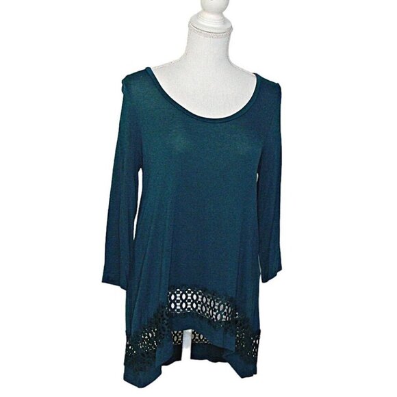 Olivia Sky Lace Pullover Tunic Blouse Womens Slate Blue 3/4 Sleeve Stretch Sz S - Picture 1 of 12